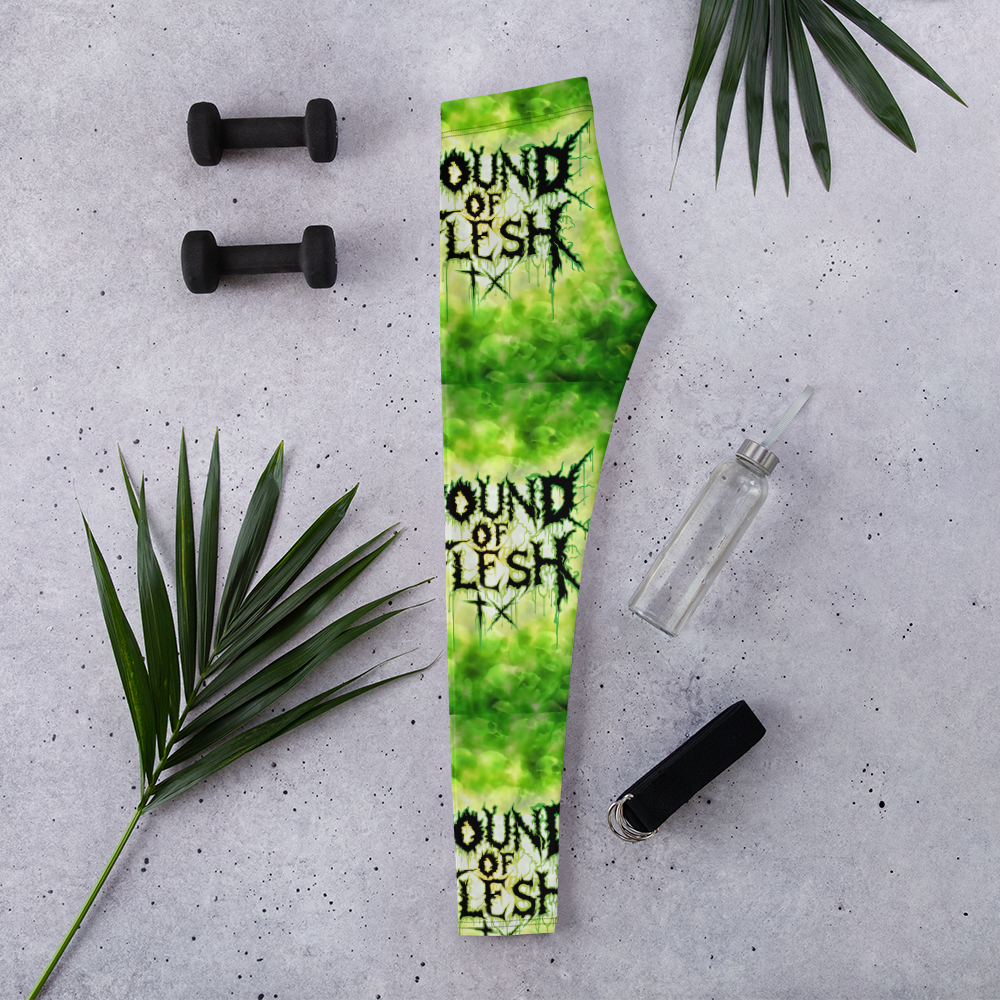 Leggings with the Pound Of Flesh TX logo on top of a background of skulls in a glowing nean green in a pattern.